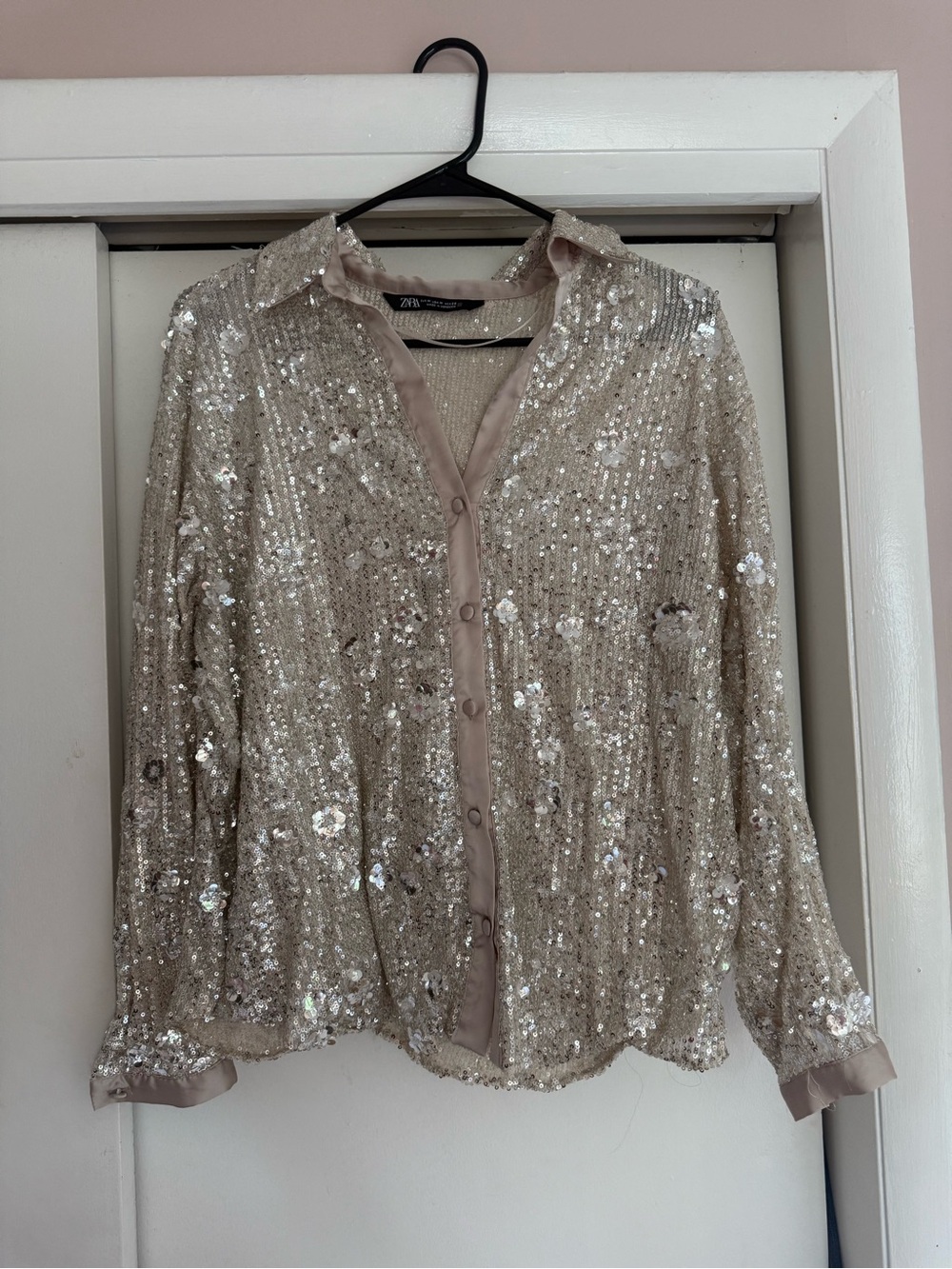 Zara Champagne Sequin Button-Down Shirt with embroidered flowers